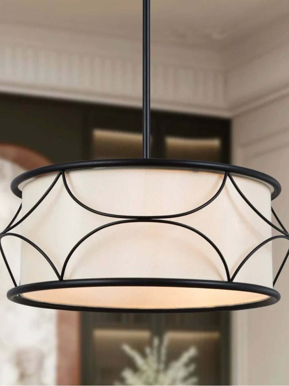 Modern Drum Chandelier 3-Light Matte Black Fabric Shade Farmhouse Pendant Light
